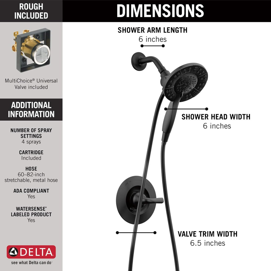 Delta Arvo 14 Series Matte Black Shower Faucet Set with In2ition 2-in-1 Dual Shower Head with HandHeld Spray Combo, Valve Trim Kit, Matte Black 142840-BL-I (Valve Included)