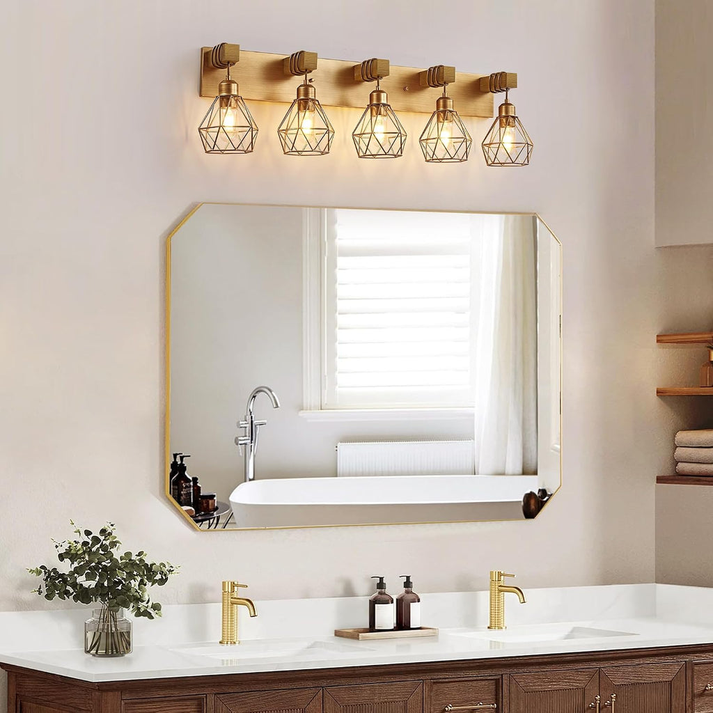 VbiTmn Farmhouse Bathroom Light Fixtures, 5-Light Gold Bathroom Vanity Light, Rustic Matte Antique Brass Finish with Metal Lampshade, Wall Sconces for Bedroom, Living Room, Hallway