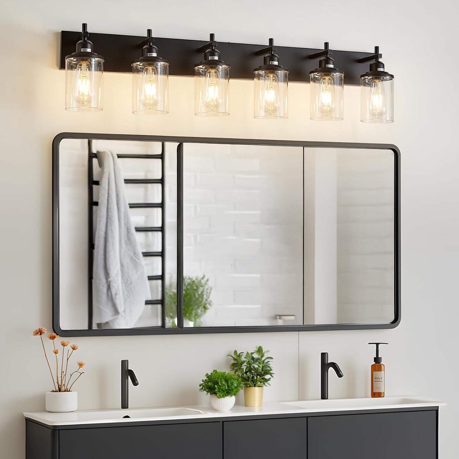 Lanhall 6-Light Black Bathroom Light Fixture Over Mirror Modern Farmhouse Bathroom Vanity Light Vintage Wall Lighting with Clear Glass Shade for Bathroom, Bedroom, Hallway, Cabinet