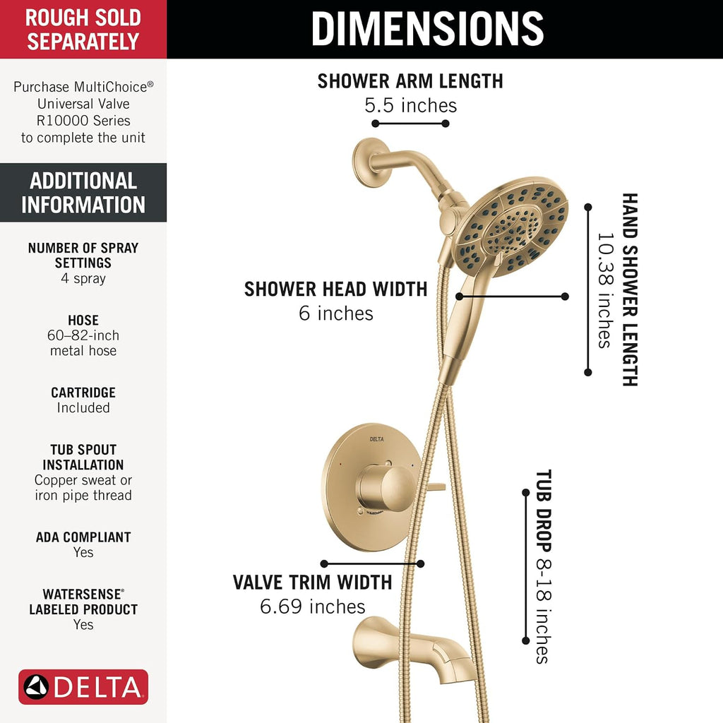 Delta Albion Bathtub Shower Faucet Set in Gold 1.75 GPM, T144855-CZ-I