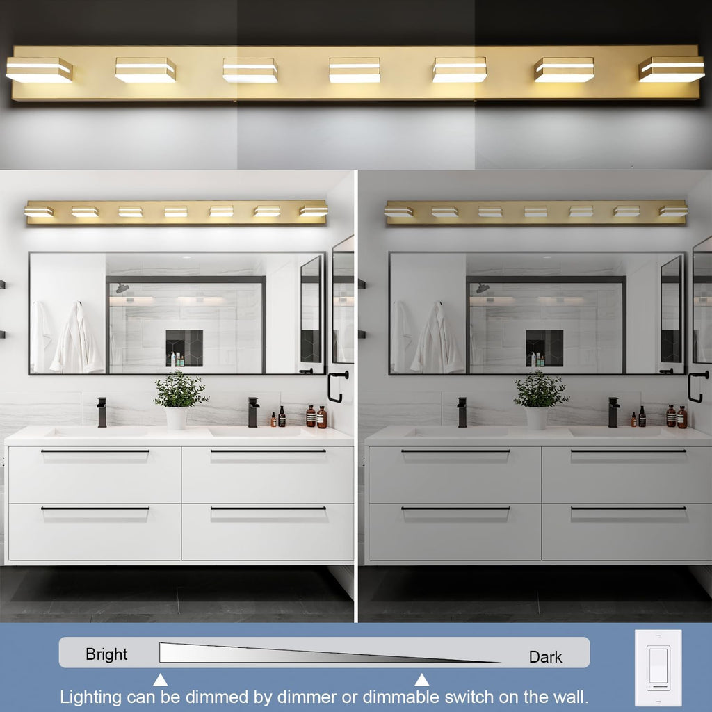 SineRise LED Modern Bathroom Vanity Light Fixtures (7-Light, 55-Inch, Dimmable), Gold Modern Acrylic Bathroom Wall Lighting Fixtures Over Mirror (Cool White 6000K)