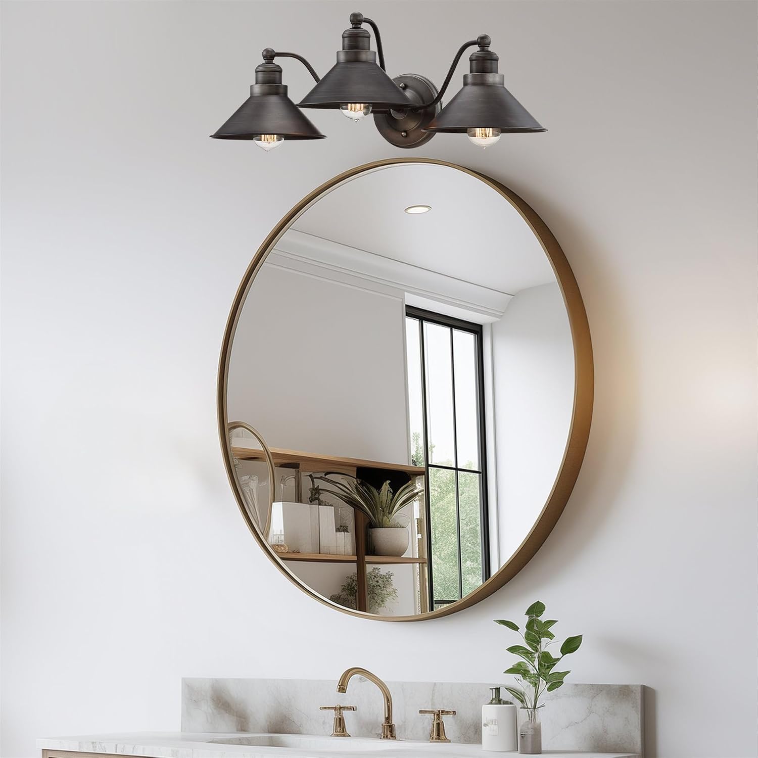 Kira Home Welton 25.5' 3-Light Modern Farmhouse Vanity Light with Funnel Shades, Industrial Dark Bronze Wall Sconce Bathroom Light, Brushed Dark Bronze Finish