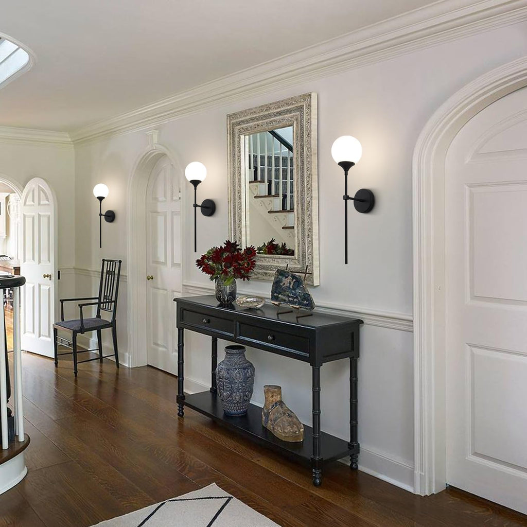 KCO Lighting Farmhouse Matte Black Wall Sconce Set of 2 Vintage Milk White Glass Globe Wall Light Mid Century Modern Bathroom Vanity Light Set of Two Industrial Bar Wall Lamp
