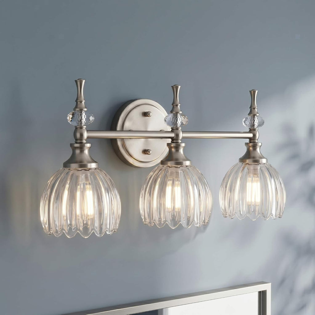 ANDY STAR 3-Light Brushed Nickel Bathroom Vanity Light, Transitional Sconce | Ribbed Glass & Crystal Accent, Damp-Resistant, Ceramic E12 Base, Reversible Up/Down Mounting