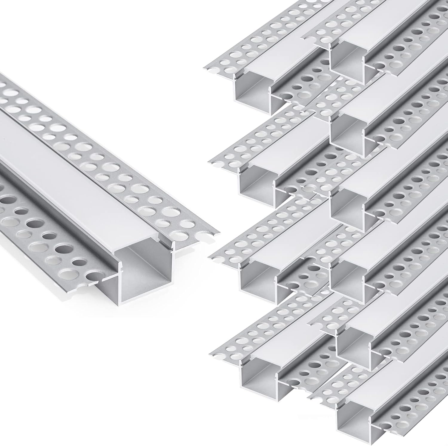 hunhun 10-Pack 6.6ft/2Meter Drywall LED Aluminum Channel System with Milky Cover, End Caps and Mounting Clips, Aluminum Profile for LED Strip Light Installations (Double-Edge-6.6ft, 10)