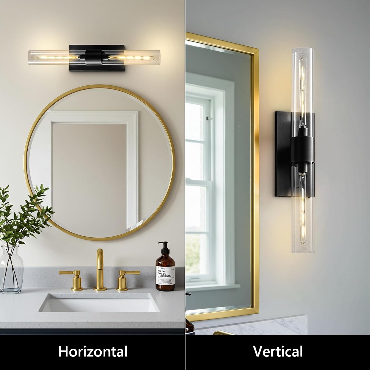 22.8' Bathroom Sconces Set of 2 – Modern Linear Hardwired Wall Sconce with Clear Glass Tube, Horizontal or Vertical Mount, for Bathroom Mirror, Bedroom & Living Room, Bulb Included