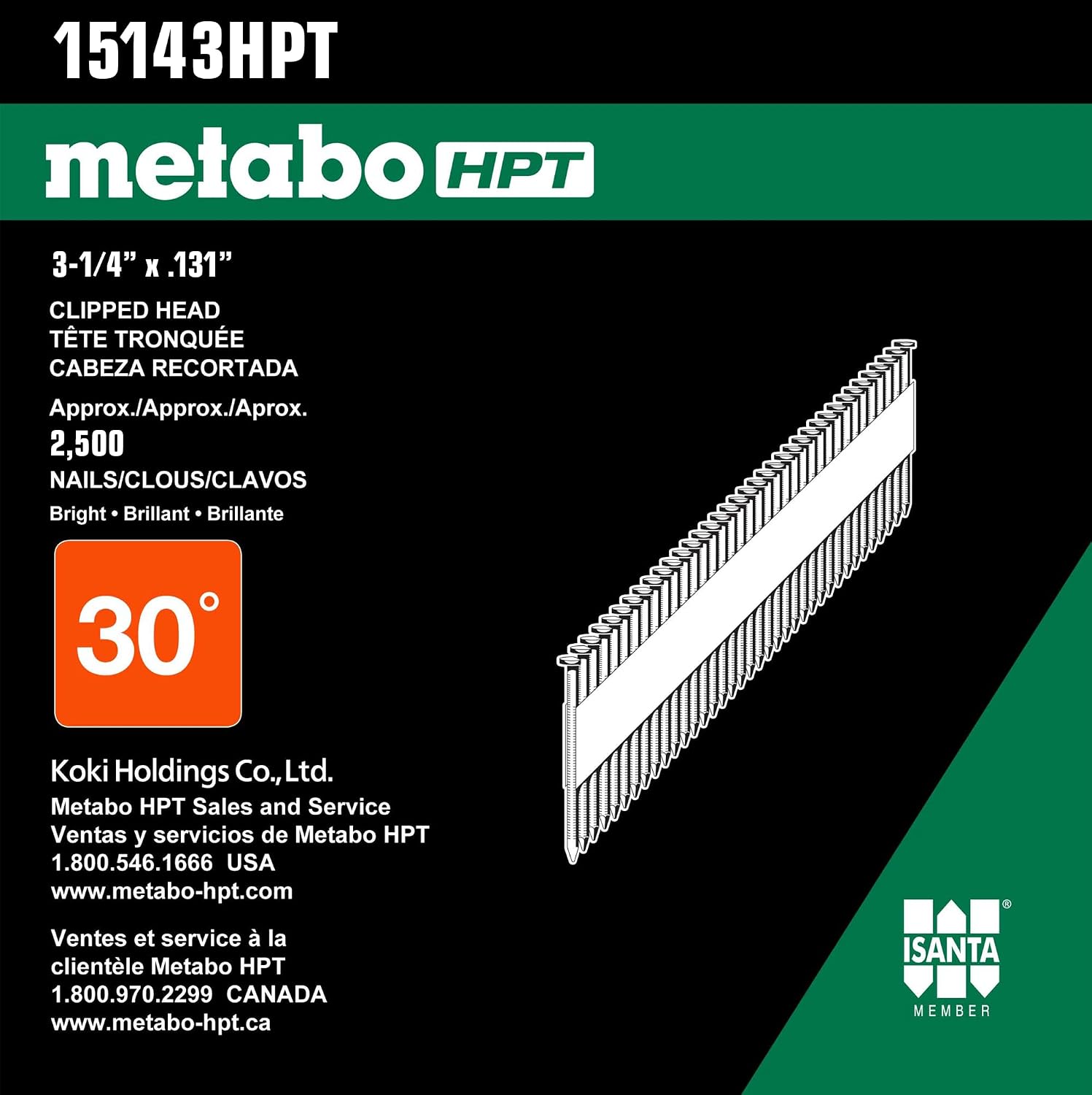 Metabo HPT 15143HPT Hot Dipped Galvanized Clipped Head Paper Tape Framing Nails 3-1/4' x .131 Rg | 2500 Count