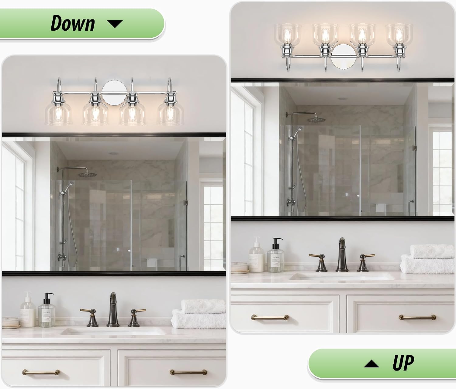 4 Lights Bathroom Vanity Light Fixtures, Chrome Traditional Classic Vanity Light with Clear Glass, Bathroom Lighting Fixtures Over Mirror