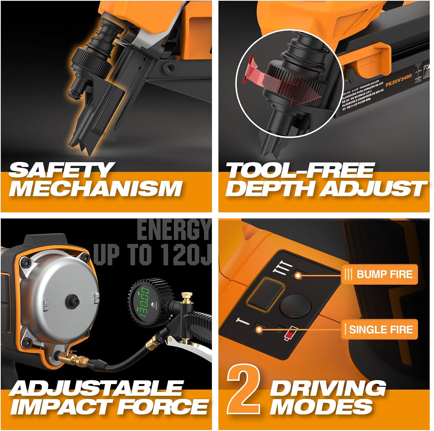 Freeman F20 20V Cordless 21 Degree 3-1/4' Framing Nailer - Brushless Motor, Dual Firing Mode, Tool-free Depth Adjust - Includes 4.0Ah Lithium Ion Battery, Charger & Bag - PE20V2183
