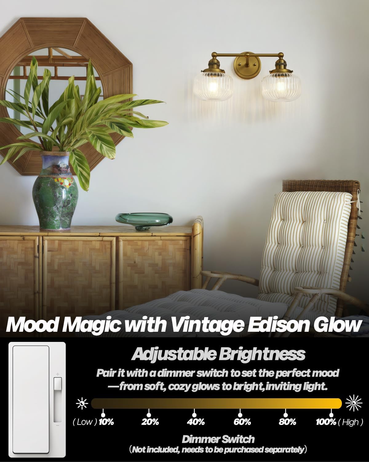 Double Vintage Wall Sconces 2-Lights Brass Gold Bathroom Vanity Light with Clear Striped Glass Shade Indoor Hardwire Wall Sconce Lighting for Bathroom Living Room Bedroom Kitchen
