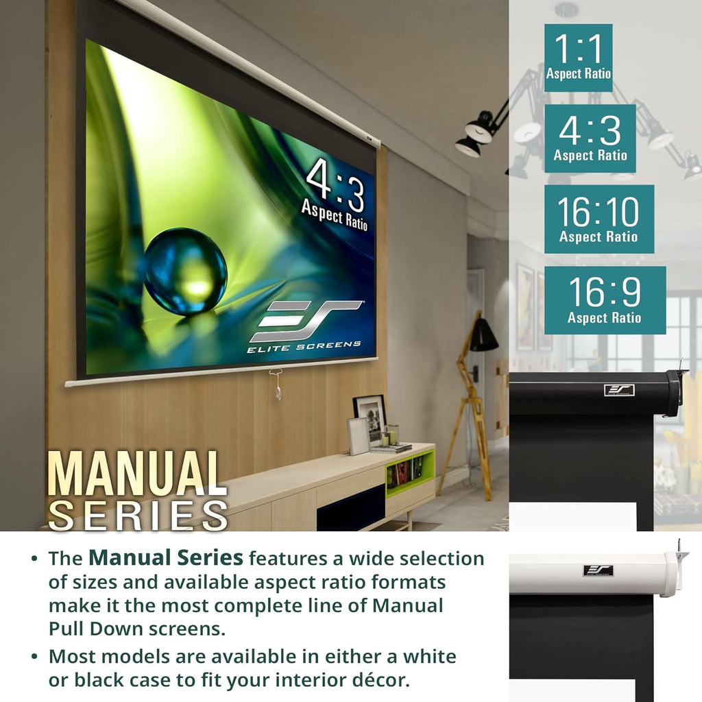 Elite Screens Manual Series, 100-INCH 16:9, Pull Down Manual Projector Screen with AUTO Lock, Movie Home Theater 8K / 4K Ultra HD 3D Ready, 2-Year Warranty (100' / 16:9)