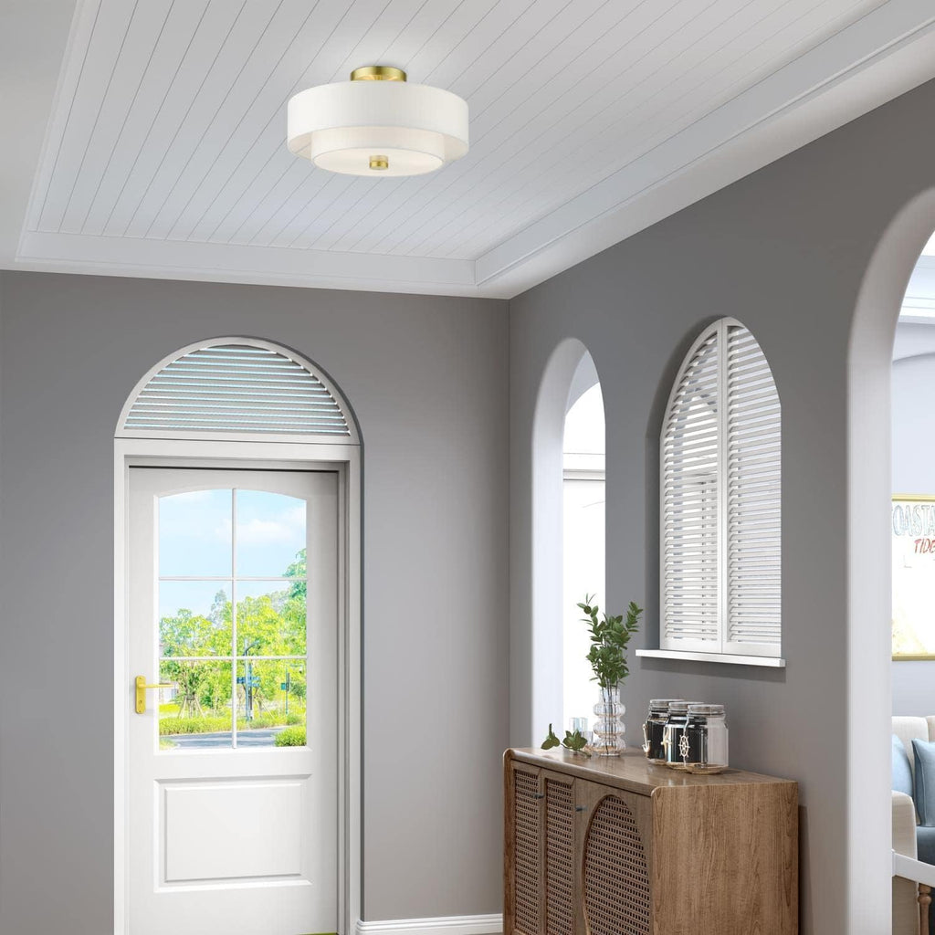 Livex Lighting 51044-12 Meridian Collection 3-Light Semi Flush Mount Ceiling Light with Off-White Hardback Fabric Shade, Satin Brass 15 x 15 x 8.25