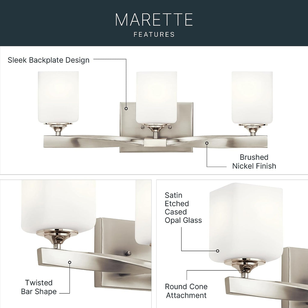 Kichler Marette 22.75' Vanity Light in Brushed Nickel, 3-Light Modern Bathroom Light with Satin Etched Cased Opal Glass, (22.75' W x 8' H), 55002NI