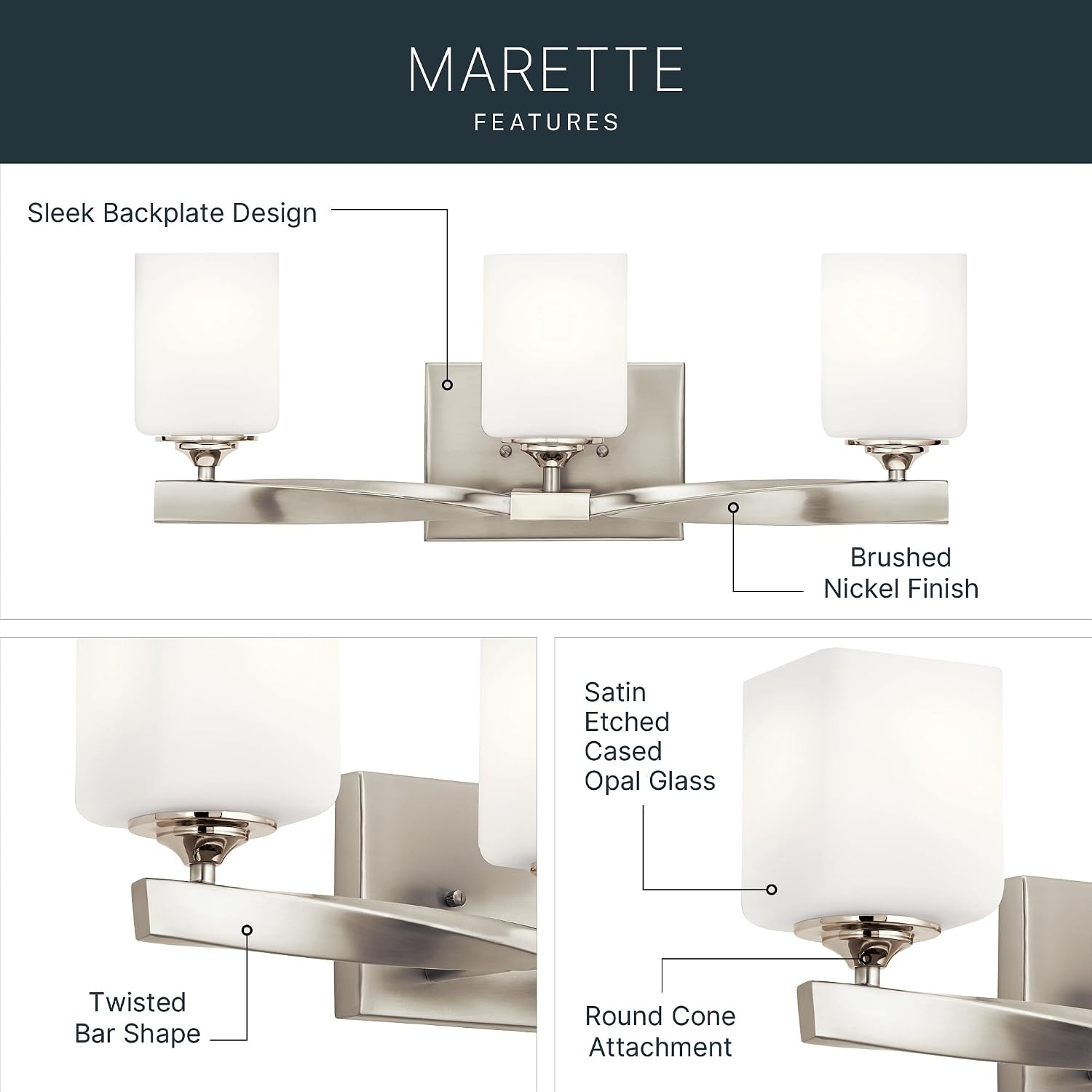 Kichler Marette 22.75' Vanity Light in Brushed Nickel, 3-Light Modern Bathroom Light with Satin Etched Cased Opal Glass, (22.75' W x 8' H), 55002NI