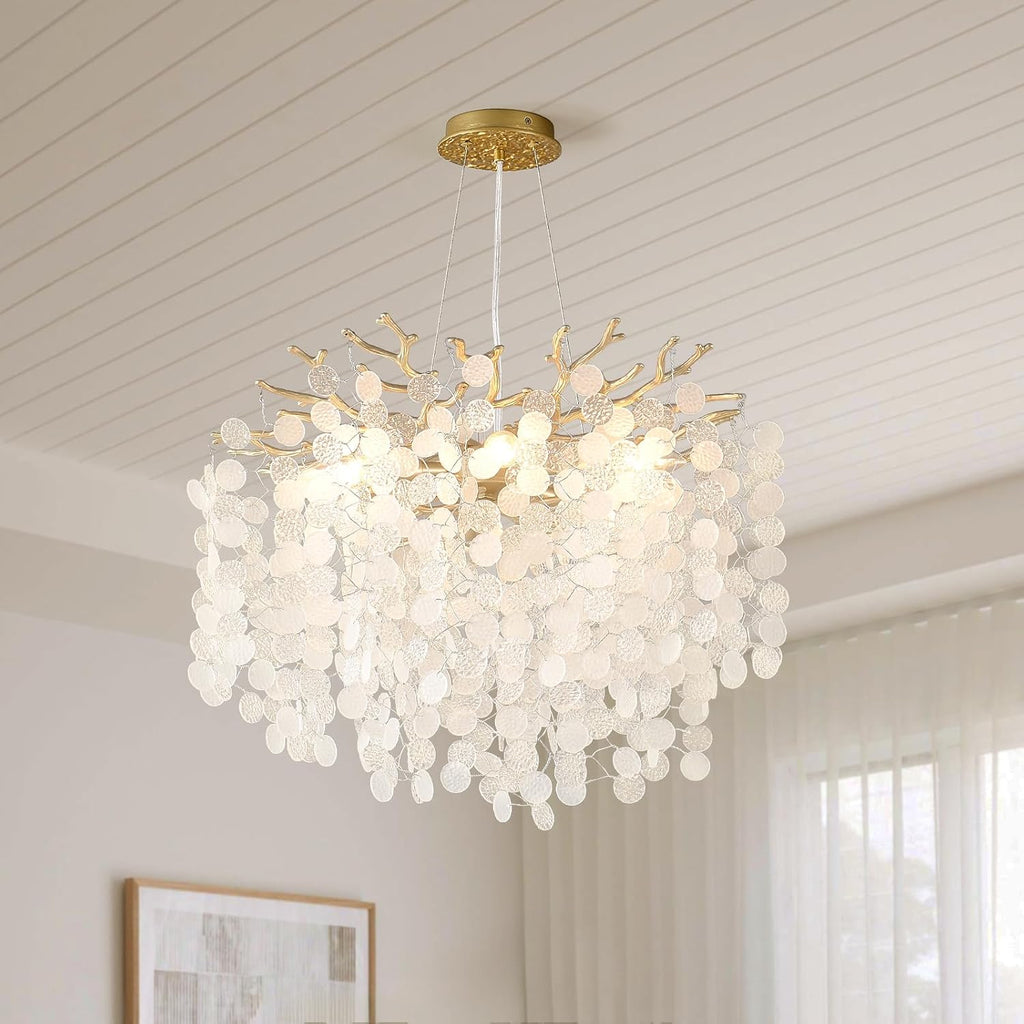 18-Inch Coastal Chandelier, 6-Light Gold Tree Branch Chandelier, Modern Foyer Bedroom Chandeliers with Adjustable Height, Round Crystal Pendant Light Fixtures for Entryway Dining Room, E12