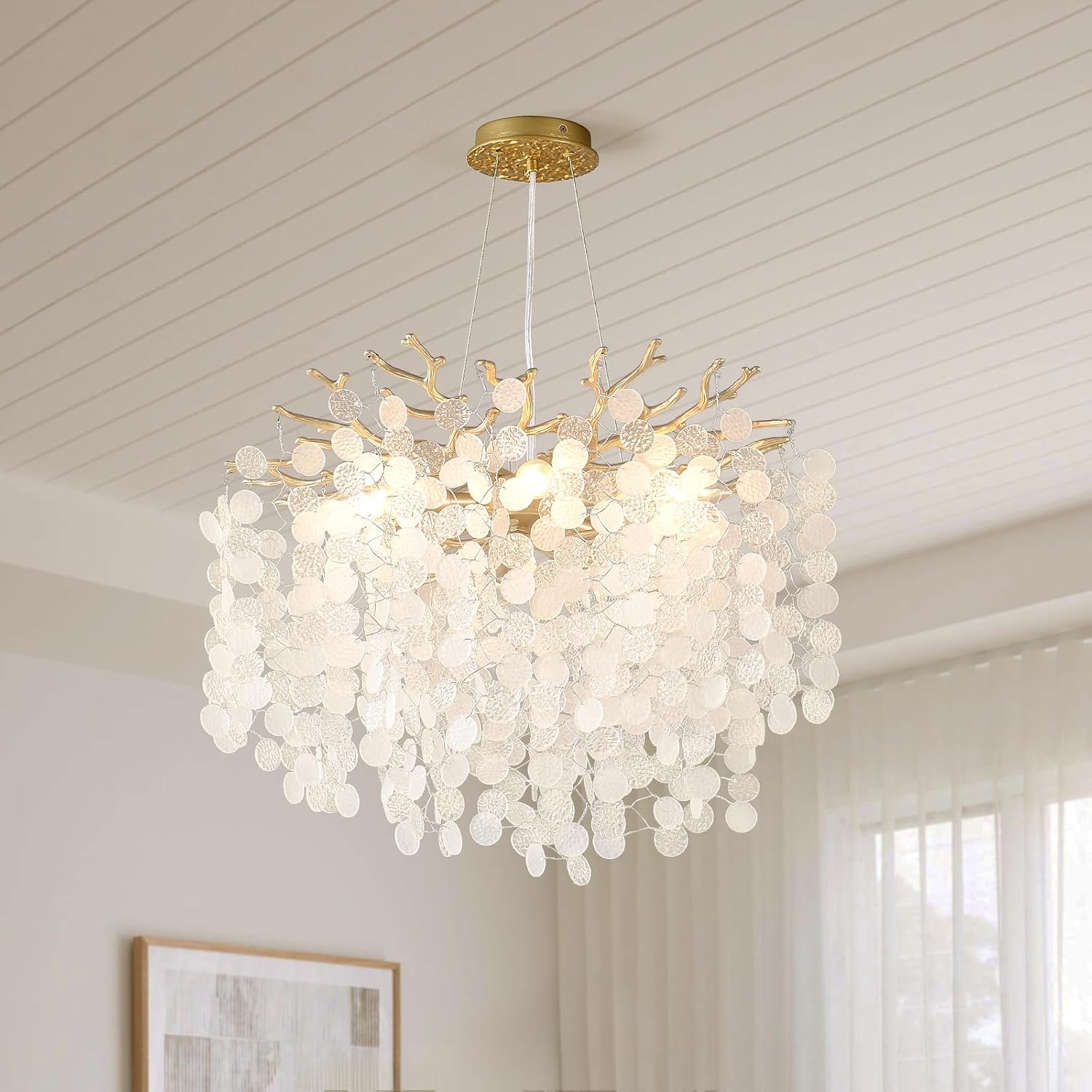 18-Inch Coastal Chandelier, 6-Light Gold Tree Branch Chandelier, Modern Foyer Bedroom Chandeliers with Adjustable Height, Round Crystal Pendant Light Fixtures for Entryway Dining Room, E12