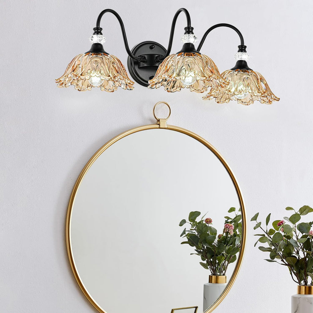 Black Bathroom Vanity Light,3-Light Vanity Light with Floral Amber Glass Shades,Vintage Farmhouse Wall Mount Lighting for Bathroom, Dressing Table