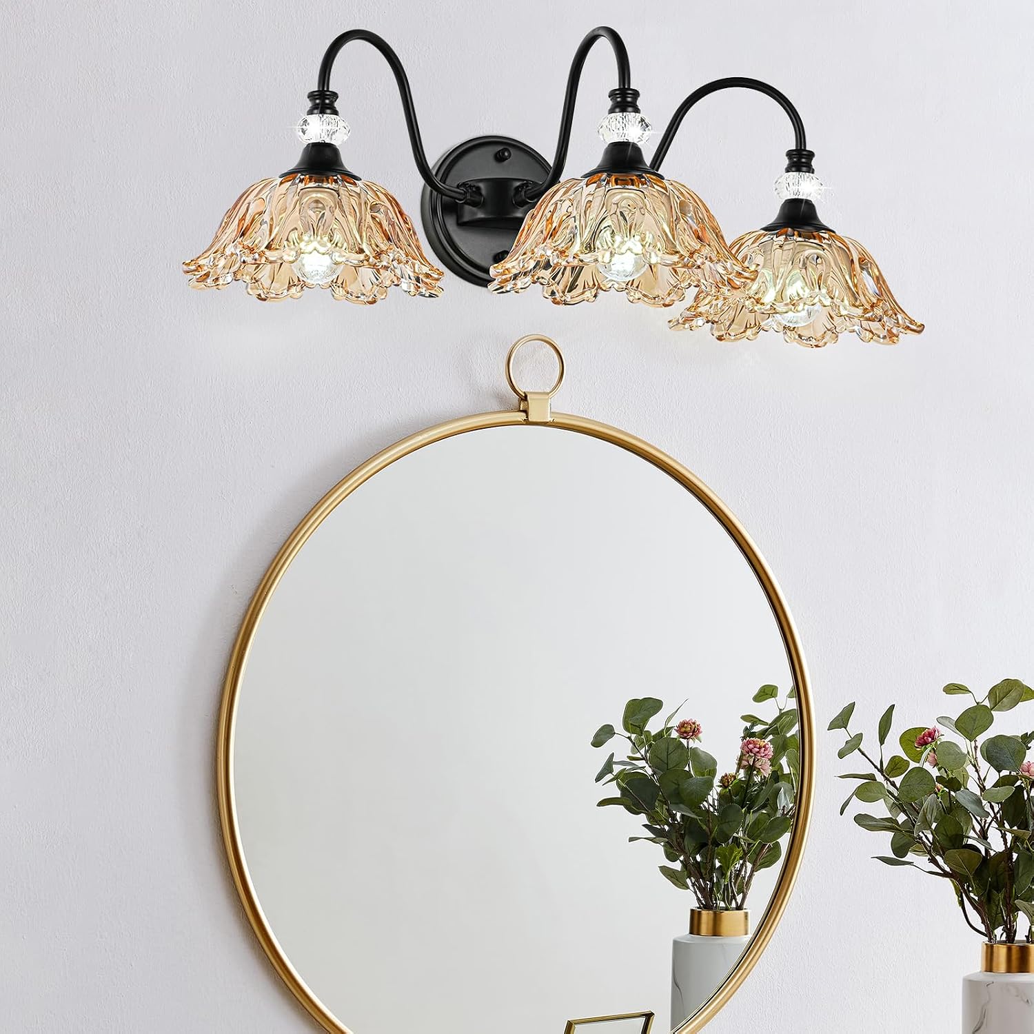 Black Bathroom Vanity Light,3-Light Vanity Light with Floral Amber Glass Shades,Vintage Farmhouse Wall Mount Lighting for Bathroom, Dressing Table