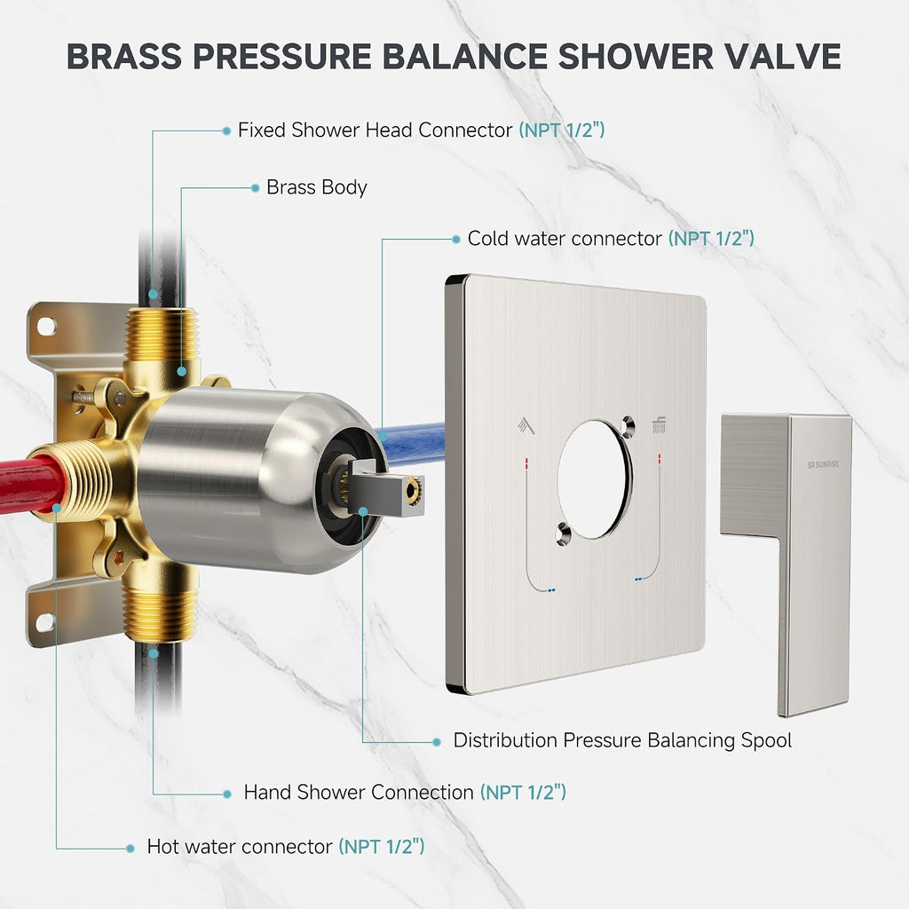 SR SUN RISE Shower Faucet Set & System - 12 Inch Rainfall Shower Head & Handle Set Wall Mounted Brushed Nickel Solid Brass Valve Trim Kit Included