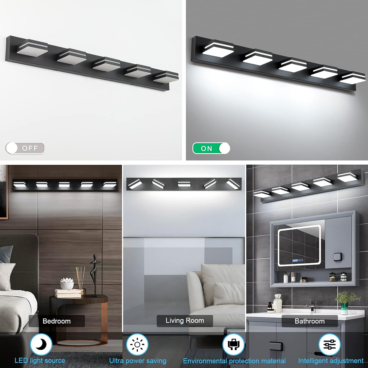 SineRise LED Modern Bathroom Vanity Light Fixtures (5-Light, 40-Inch), Matte Black Modern Acrylic Bathroom Wall Lighting Fixtures Over Mirror (Cool White 6000K)