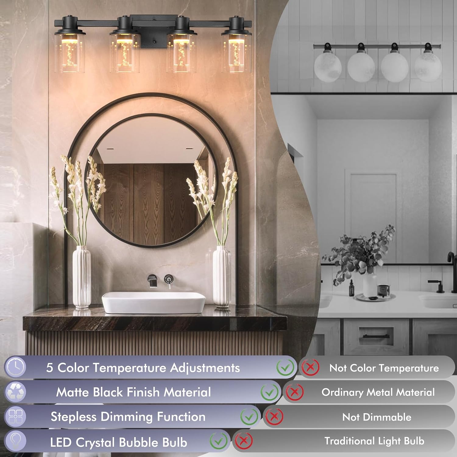 Quntis 4-Light Black Bathroom Light Fixtures with 5 Color Modes, 27 Inch Dimmable Modern Vanity Lighting Fixture Over Mirror, 28 Watts Eye Protection LED Wall Lamp (UL Certified, Bulbs Included)
