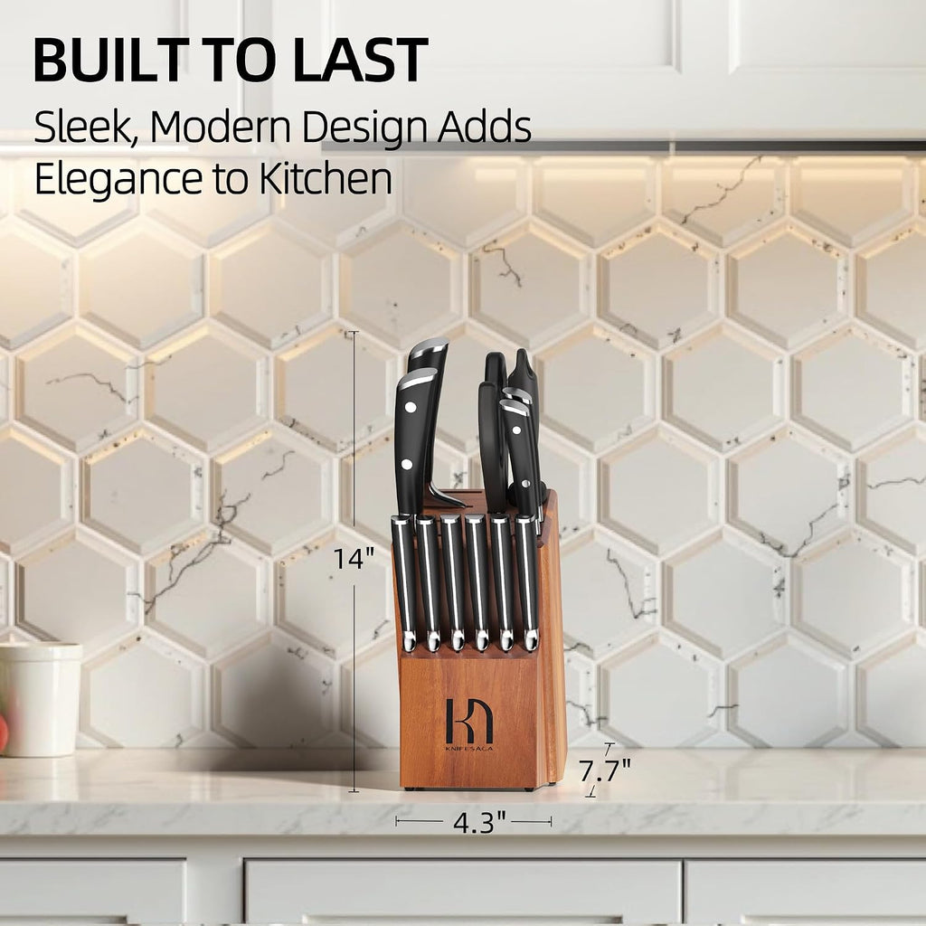 KnifeSaga Knife Set, 15 Pcs Kitchen Knife Block Sets with Sharpener, Japanese High Carbon Stainless Steel Set of Knives, Premium Razor Sharp Black Knives Set with Block for Kitchen, Ergonomic Handle