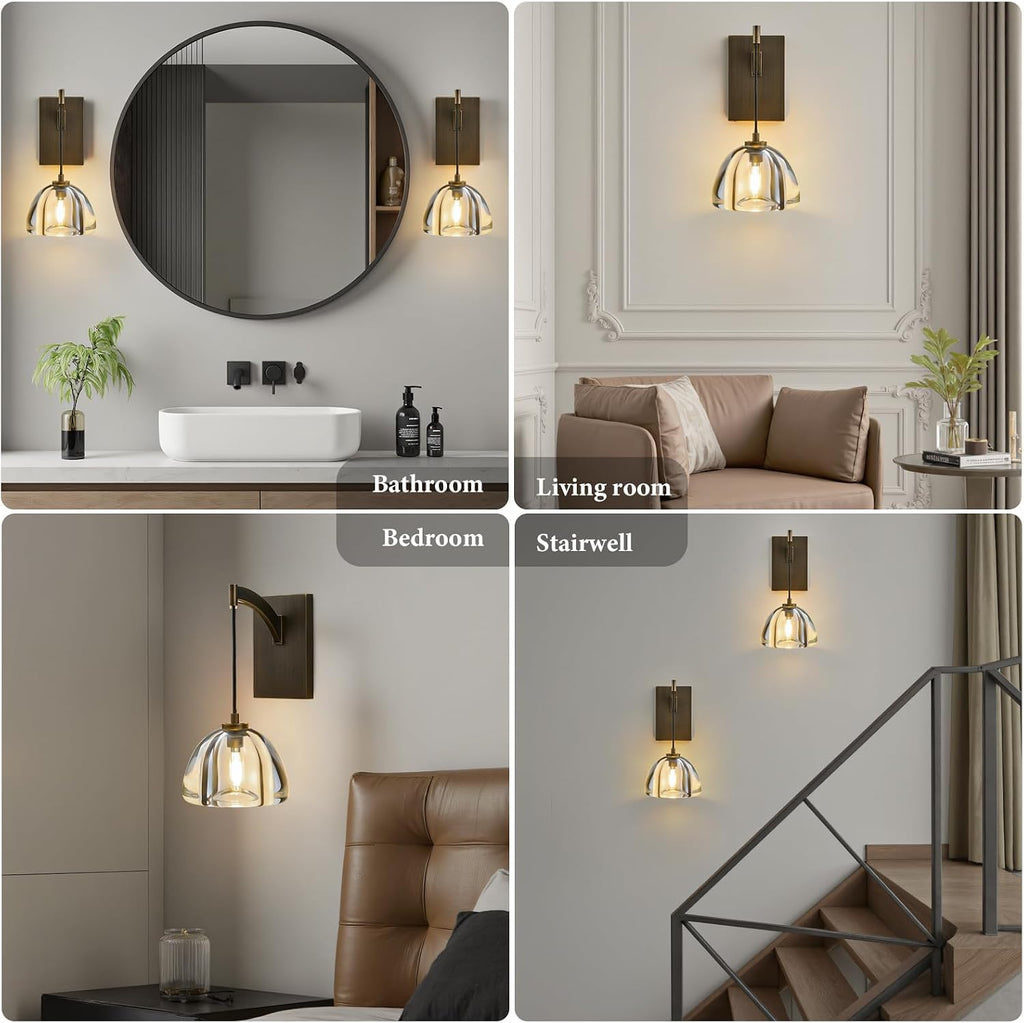 Crystal Brass Dome Wall Sconce - Luxury Antique Brushed Lighting Fixture with K9 Crystals Cloche - Set of 2 Modern Gold Sconces - Dimmable Indoor Hanging Light for Bathroom Bedroom Living Room Stair