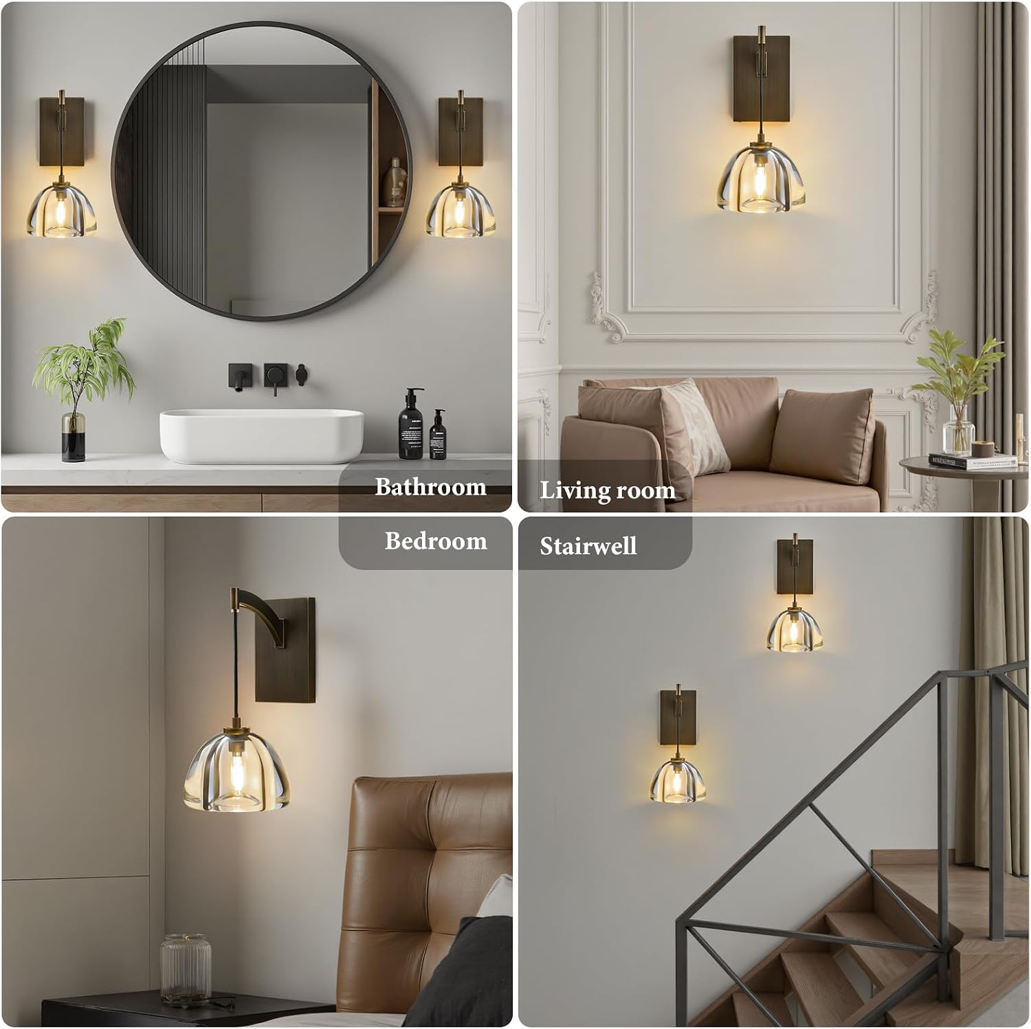 Crystal Brass Dome Wall Sconce - Luxury Antique Brushed Lighting Fixture with K9 Crystals Cloche - Set of 2 Modern Gold Sconces - Dimmable Indoor Hanging Light for Bathroom Bedroom Living Room Stair