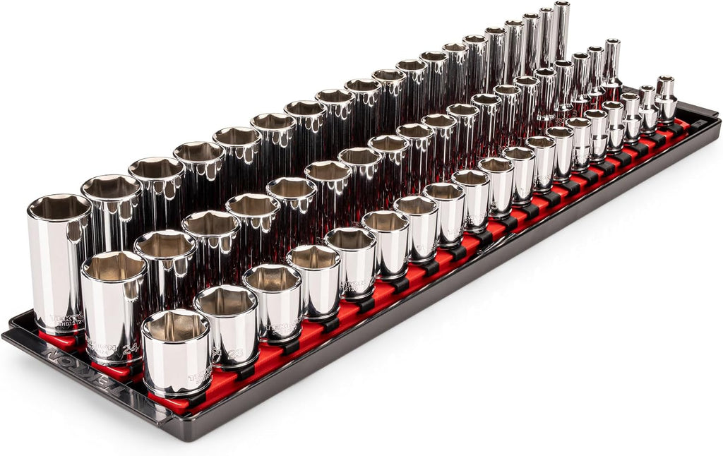 TEKTON 3/8 Inch Drive Shallow, Semi-Deep, and Deep 6-Point Socket Set with Rails and Trays, 57-Piece (6-24 mm) | SHD91124