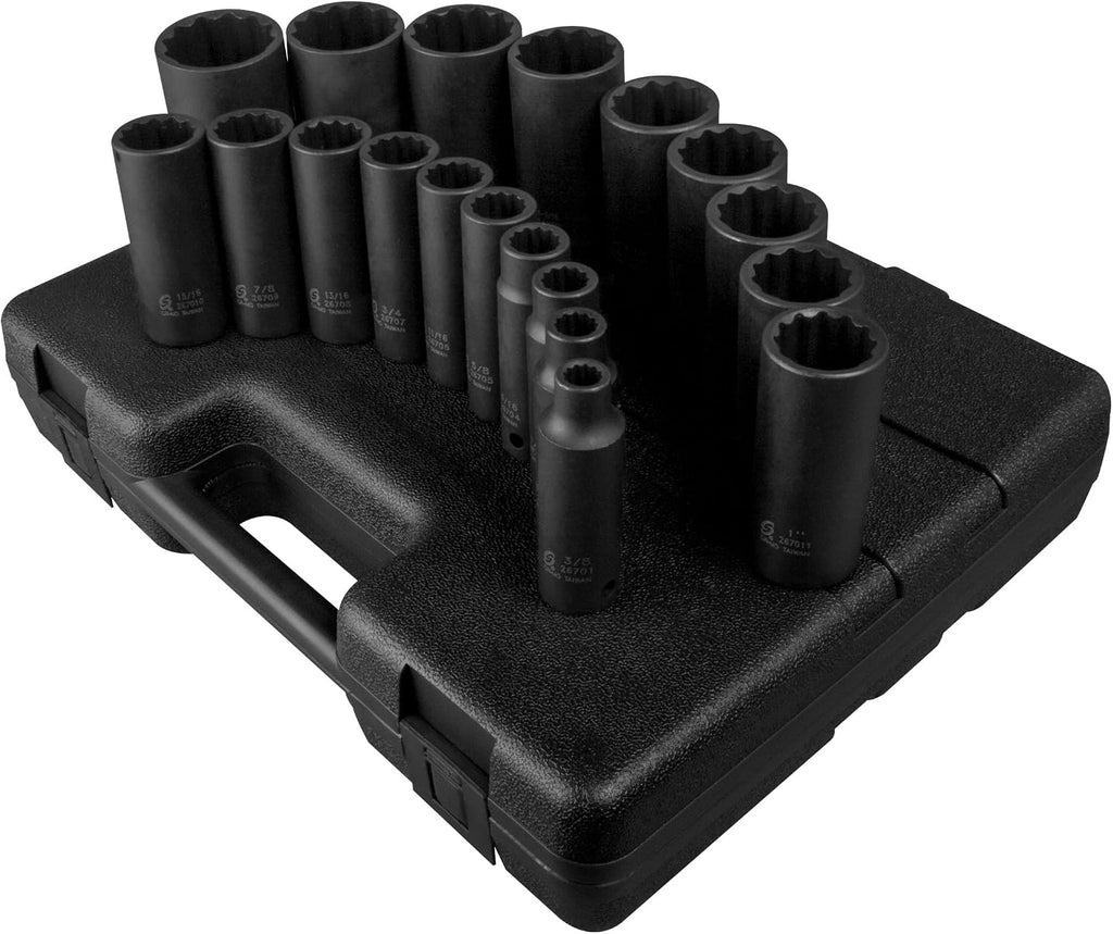 SUNEX TOOLS 2820 1/2-Inch Drive 12-Point SAE Deep Impact Set, 19 Piece
