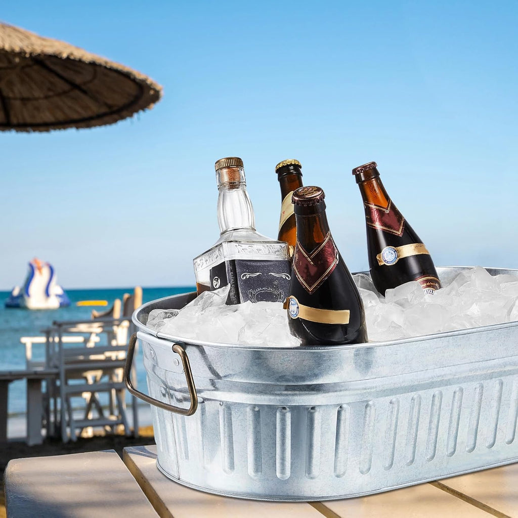 Lallisa 4 Pcs 5.3 gallons Galvanized Beverage Tub Galvanized Bucket Metal Ice and Drink Bucket with Handles Tub for Parties Farmhouse Home Pool Bar (Sliver)