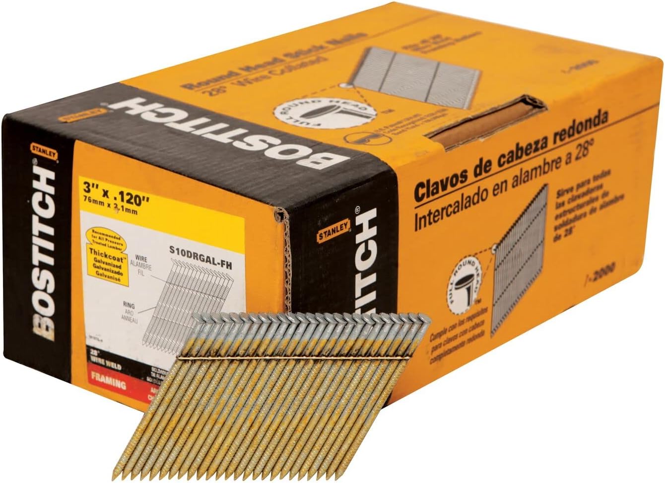 BOSTITCH Framing Nails, 28 Degree, Wire Weld, Galvanized, 3-Inch x .120-Inch, 2000-Pack (S10DRGAL-FH)