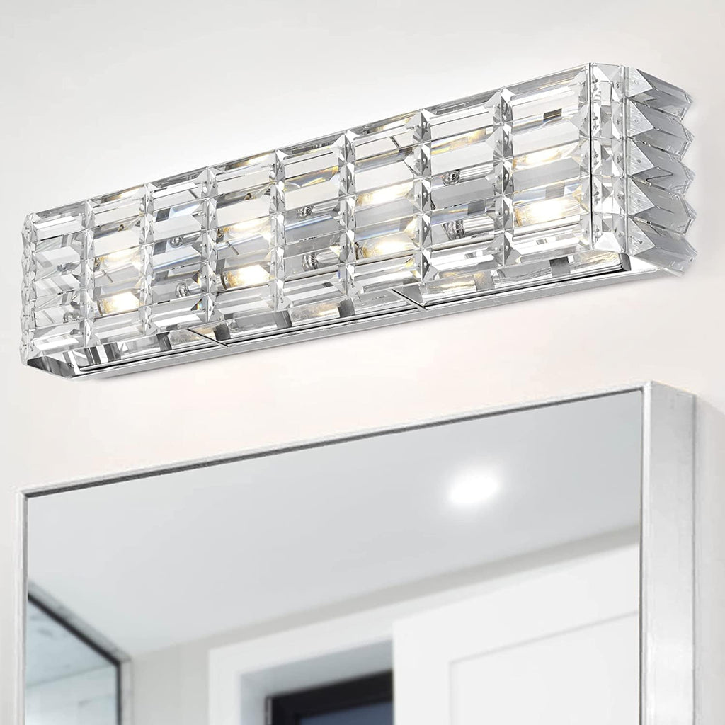 JONATHAN Y 24.25' Chrome Modern Crystal Vanity Light, LED Bathroom Wall Sconce, 3-Light Fixture for Mirror, Glam Lighting with Clear Crystal Shade, Art Deco Makeup Wall Lamp (JYL7540A)