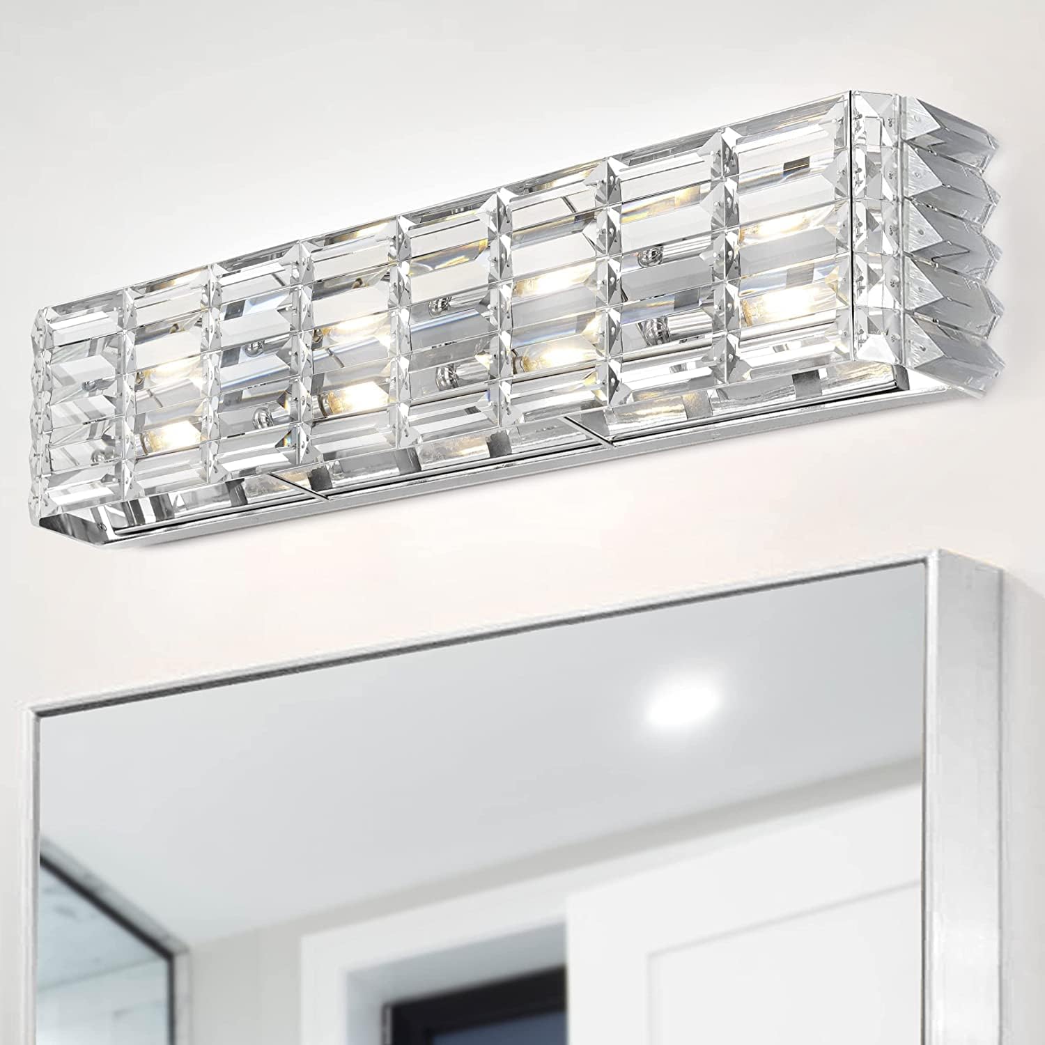 JONATHAN Y 24.25' Chrome Modern Crystal Vanity Light, LED Bathroom Wall Sconce, 3-Light Fixture for Mirror, Glam Lighting with Clear Crystal Shade, Art Deco Makeup Wall Lamp (JYL7540A)