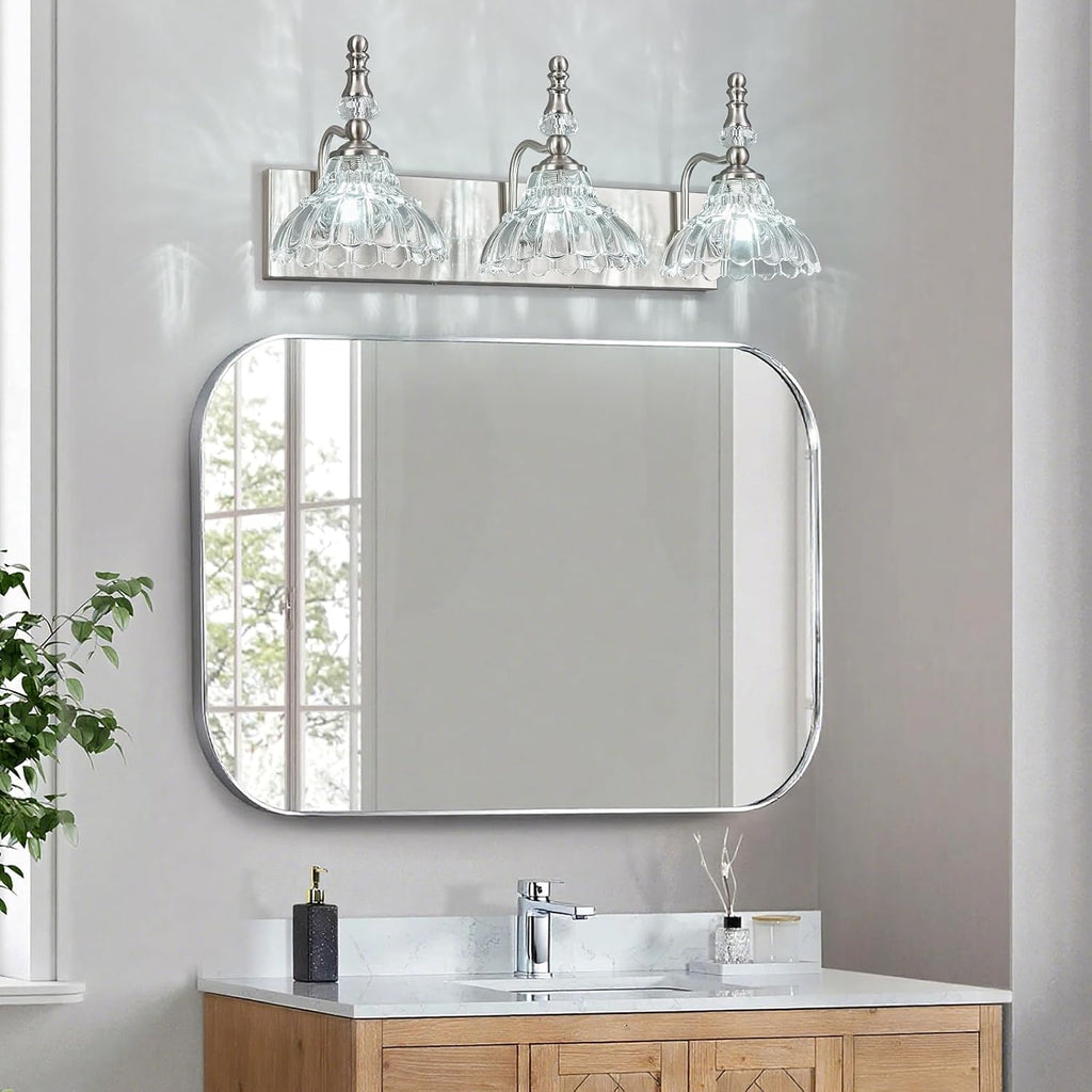 Vintage Bathroom Vanity Light, 3-Light Brushed Nickel Vanity Lighting Fixture with Flower Glass Shade, Bathroom Lighting Fixtures Over Mirror