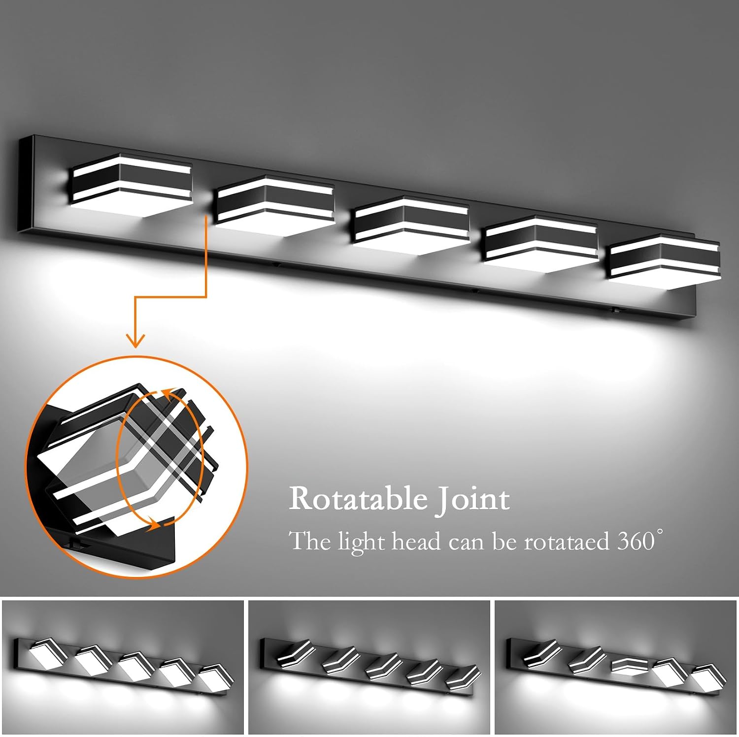 Ralbay 40.5inch Black Vanity Light with 5 Color Temperatures (3000K-6000K) Dimmable Metal Acrylic Modern LED Matte Black Bathroom Lighting Over Mirror (5-Light)