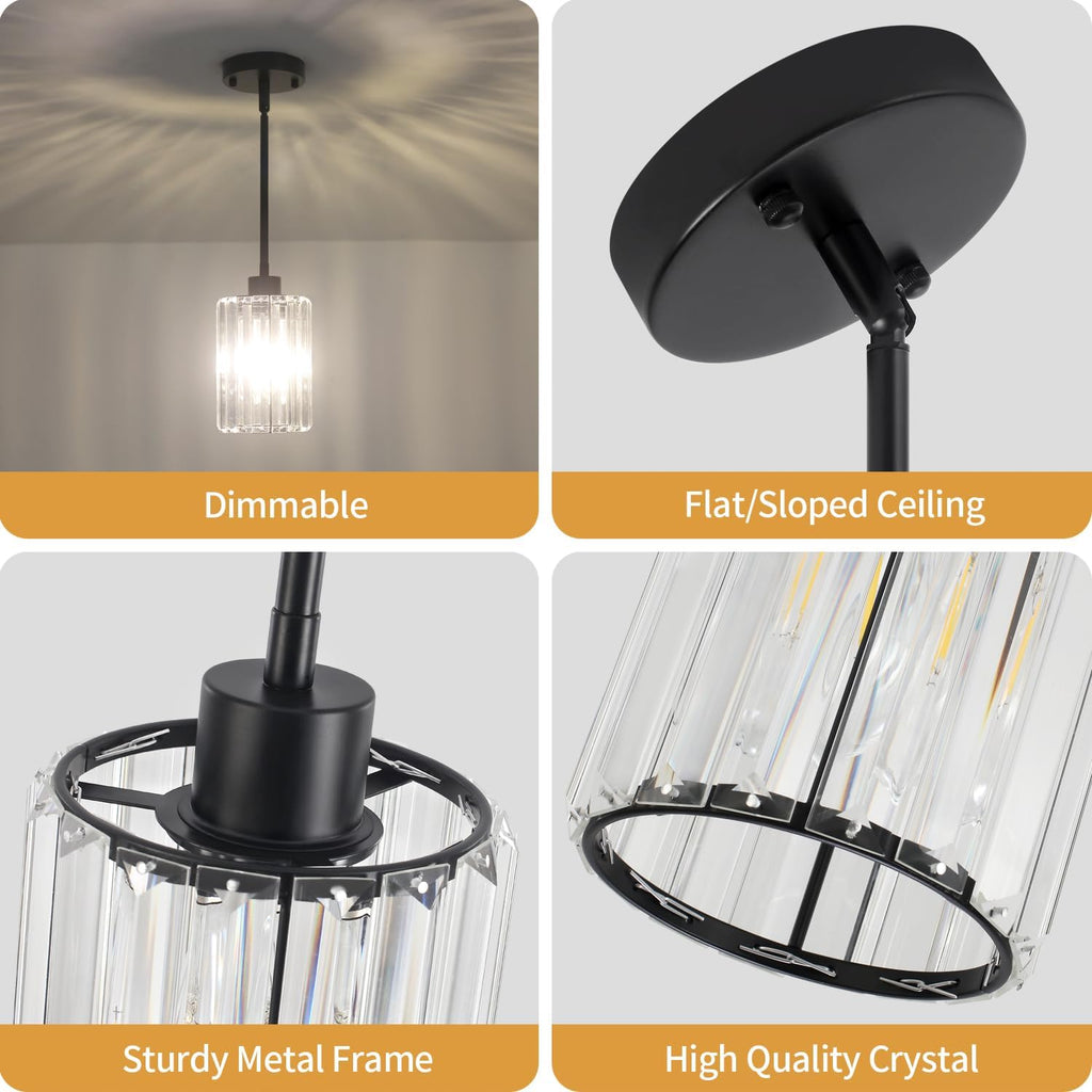 3 Pack Black Pendant Lights Kitchen Island, Modern Crystal Pendant Lighting Over Island, Hanging Kitchen Light Fixtures, Adjustable Mini Pendant Light for Bathroom Dining Room Hallway