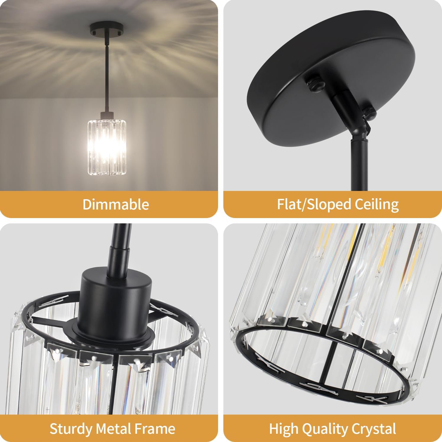 3 Pack Black Pendant Lights Kitchen Island, Modern Crystal Pendant Lighting Over Island, Hanging Kitchen Light Fixtures, Adjustable Mini Pendant Light for Bathroom Dining Room Hallway