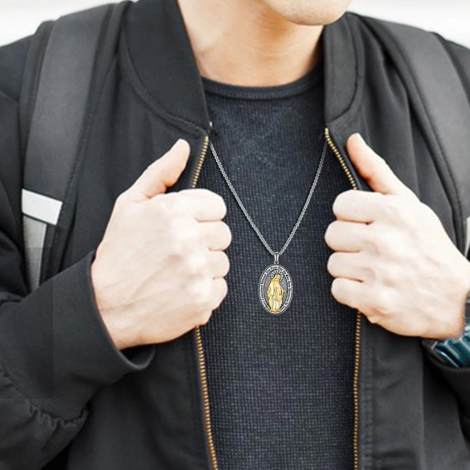 Virgin Mary Necklace for Men 925 Sterling Silver Plated 14K Yellow Gold Miraculous Medal Pendant Necklace Jewelry Gifts for Men Women 22' to 24' Chain