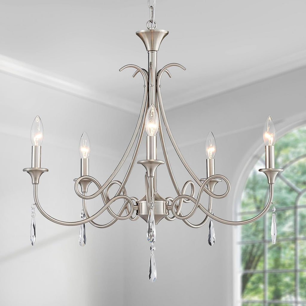 5-Light Farmhouse Chandeliers for Dining Room Lighting Fixtures Hanging, Rustic Candle Modern Chandelier Vintage Hanging Ceiling Lamp for Bedroom Kitchen Island Living Room Entryway Foyer, Nickel