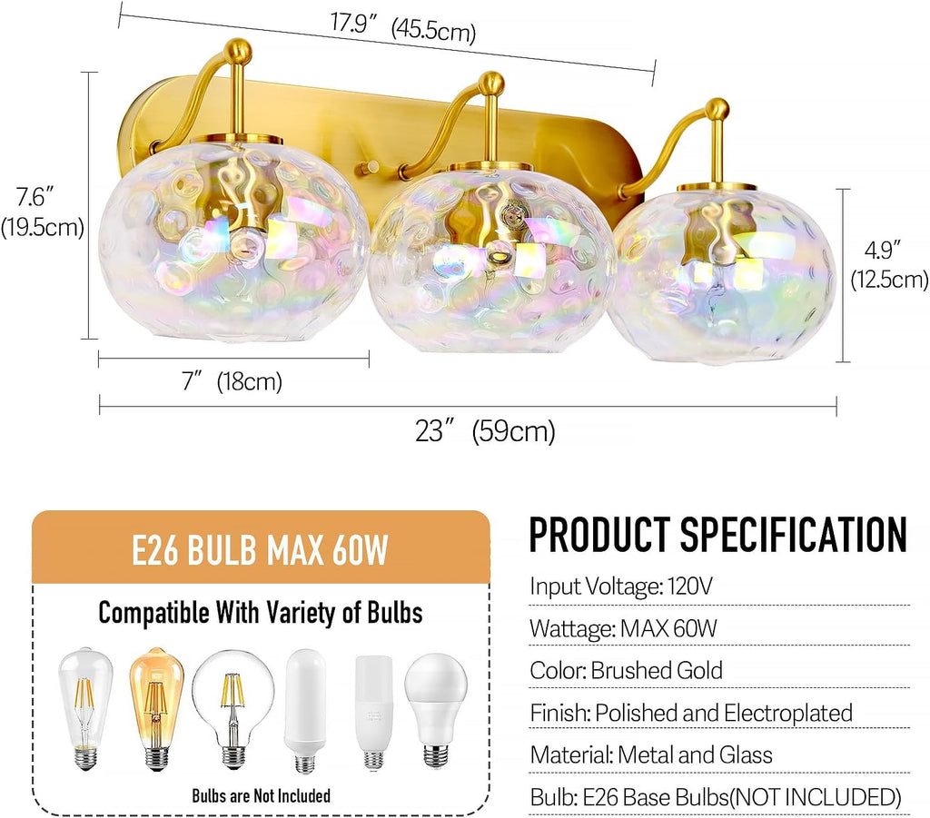23' Brushed Gold Vanity Light Stained Hammered Glass Wall Sconce 3-Light Brass Wall Lamp for Hallway Living Room Stairwell Bathroom Over Mirror (Brass Gold, 3-Light)