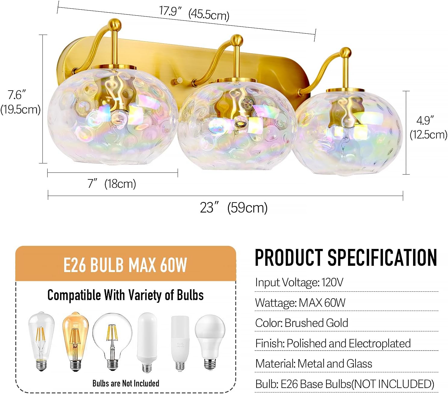 23' Brushed Gold Vanity Light Stained Hammered Glass Wall Sconce 3-Light Brass Wall Lamp for Hallway Living Room Stairwell Bathroom Over Mirror (Brass Gold, 3-Light)