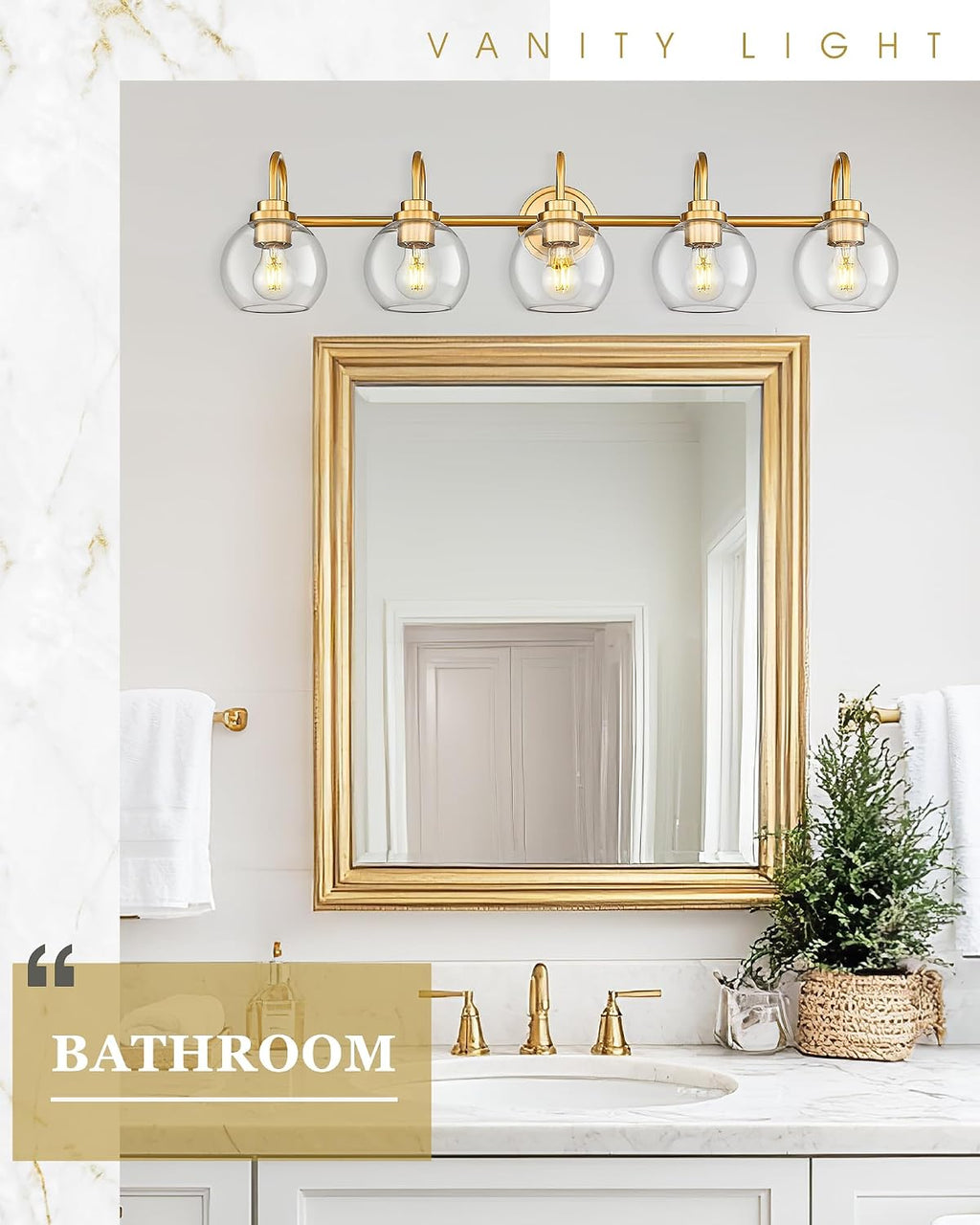 Bathroom Light Fixtures, 5-Light Brushed Gold Vanity Lights with Globe Clear Glass, 35 Inch Champagne Bronze Vanity Lighting Fixtures Over Mirror, AD-22280-5W-GD