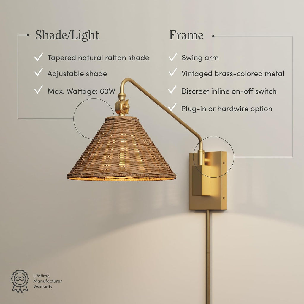 Nathan James Celeste Rattan Wall Light, Modern Farmhouse Wall Mounted Plug in Light, Wall Mount Reading Lamp for Bedside with Rattan Shade