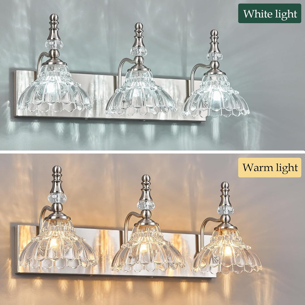 Vintage Bathroom Vanity Light, 3-Light Brushed Nickel Vanity Lighting Fixture with Flower Glass Shade, Bathroom Lighting Fixtures Over Mirror