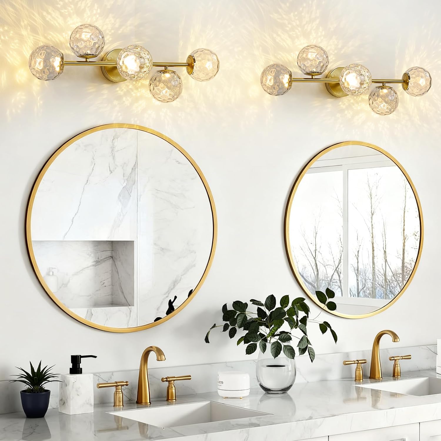 LED Bathroom Vanity Light Fixtures: 3000K Modern Gold Brush Brass 5 Lights Wall Sconce - 20W Dimmable Midcentury Vanity Light with Hammered Clear Globe Bubble Glass Shade for Bathroom Hallway Bedroom