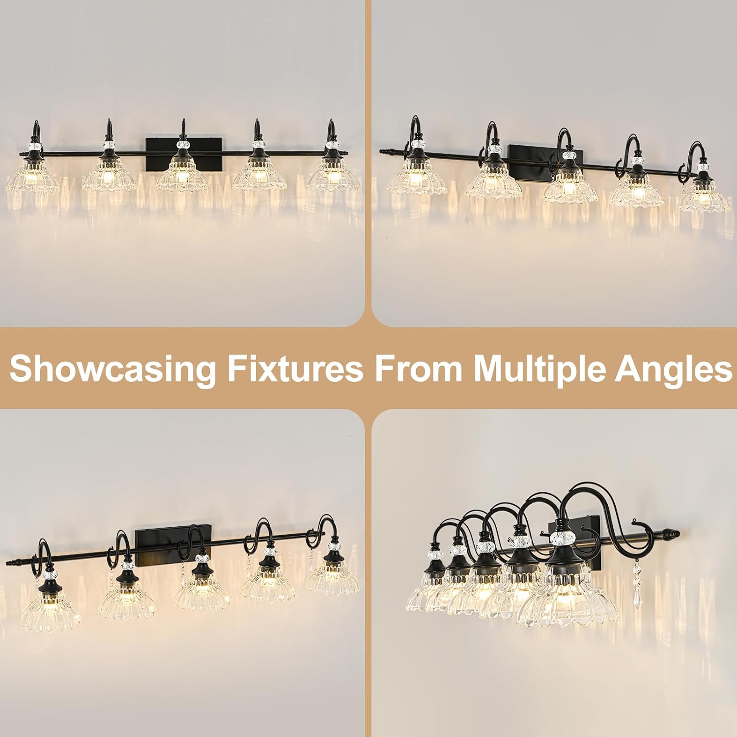 Black Bathroom Vanity Light, 5-Light Matte Black Finish Farmhouse Wall Sconce with Hanging Crystal Accent and Flower-Shaped Clear Glass Shade, Wall Mount Vanity Light Over Mirror for Bathroom