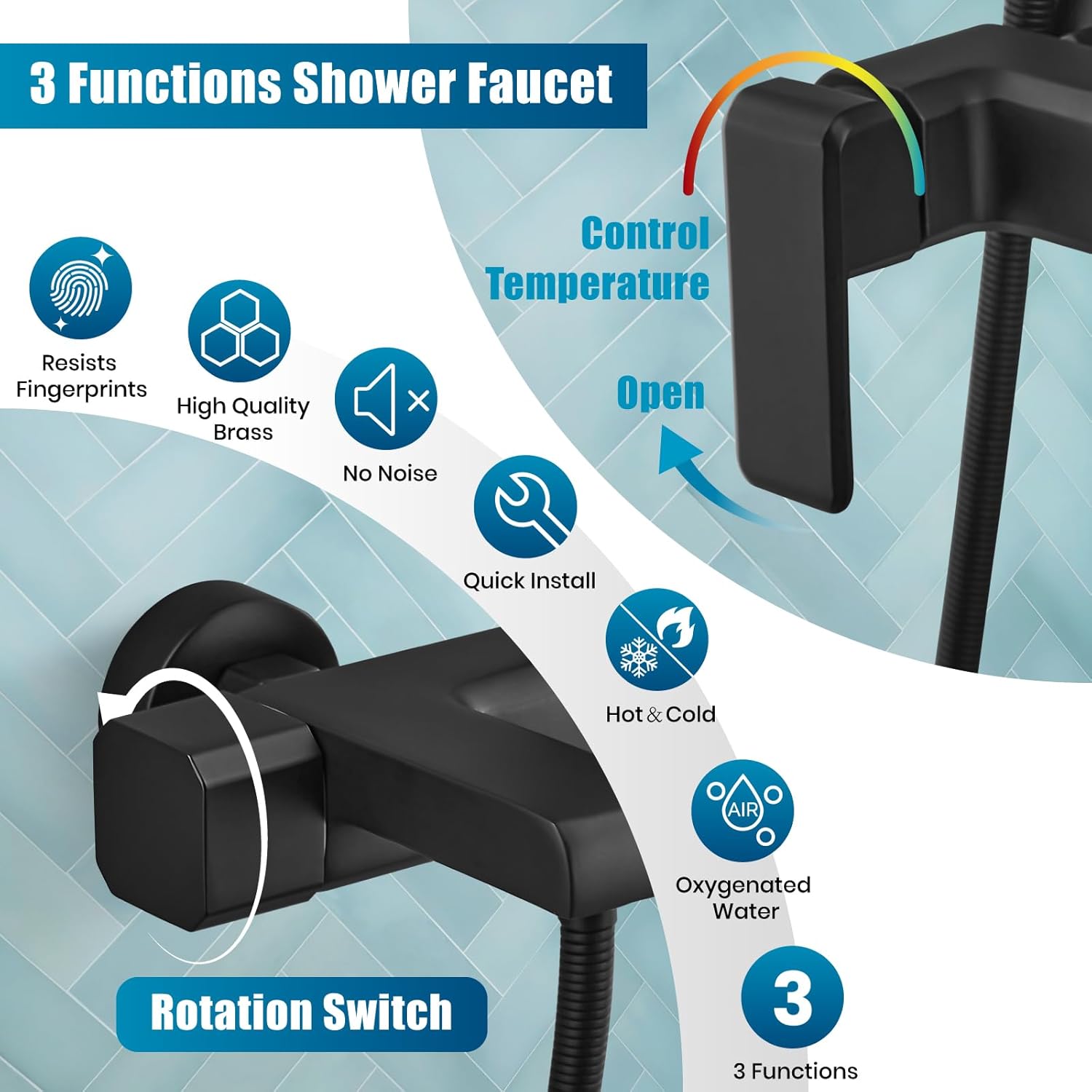 Matte Black Exposed Shower Faucet Fixture Set 8 Rain Shower Single Handle Triple Function Tub Spout Shower Fixture Combo System Unit Set