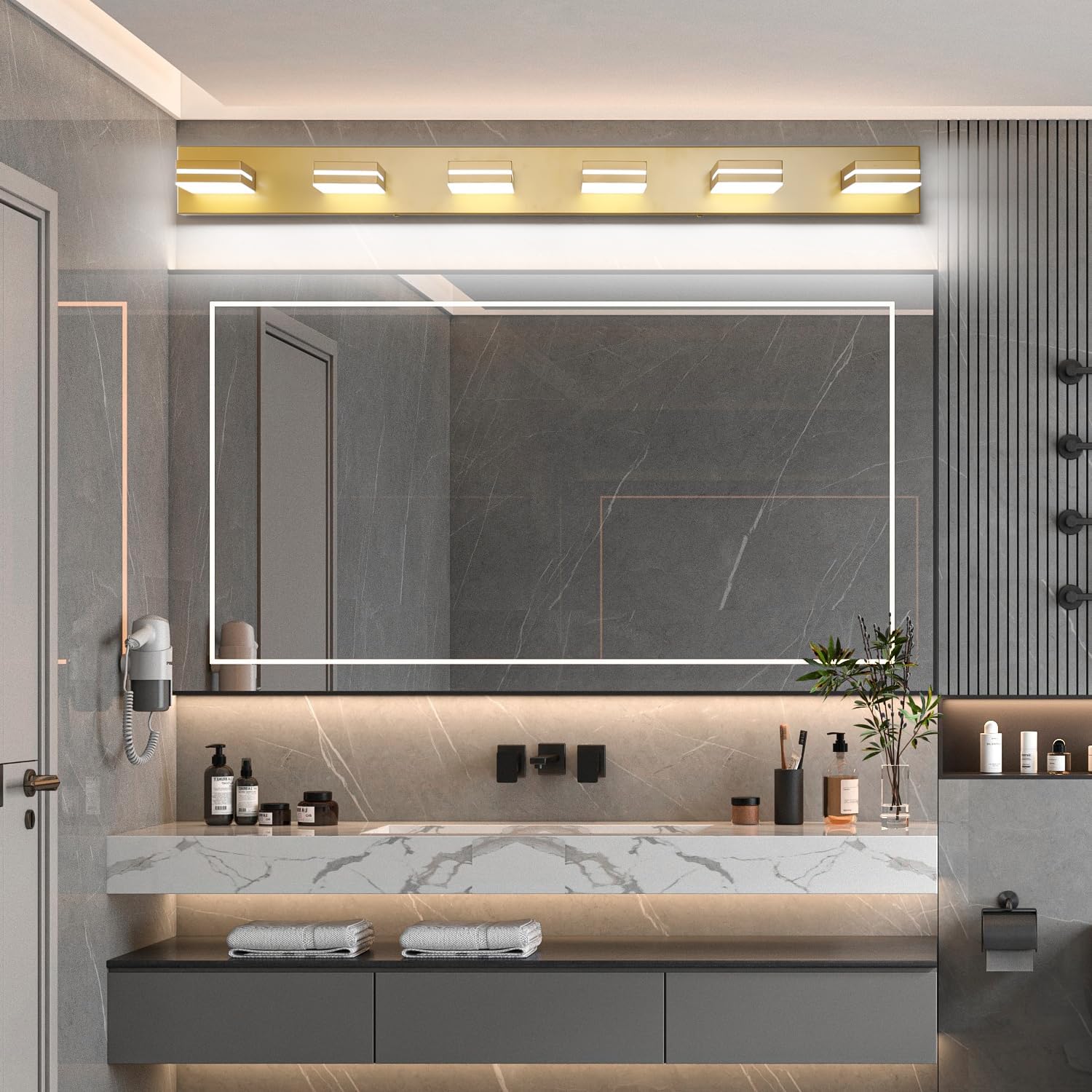 SineRise LED Modern Bathroom Vanity Light Fixtures (6-Light, 48-Inch, Dimmable), Matte Gold Modern Acrylic Bathroom Wall Lighting Fixtures Over Mirror (Cool White 6000K)