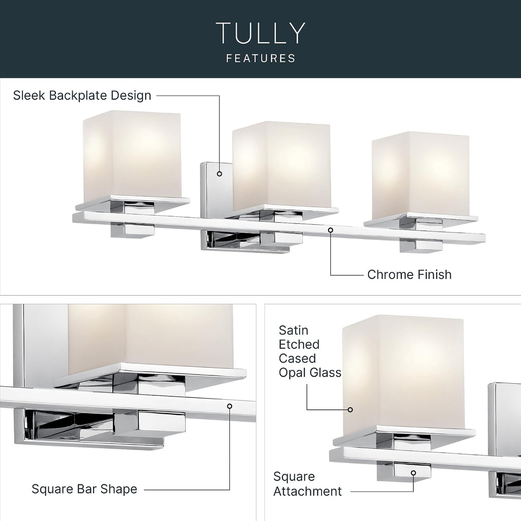 Kichler Tully 24' Vanity Light in Chrome, 3-Light Modern Bathroom Light with Satin Etched Cased Opal Glass, (24' W x 6.5' H), 45151CH